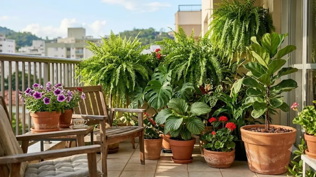 Varanda ensolarada de apartamento repleta de plantas saudáveis e viçosas, como samambaias penduradas, costela-de-adão e flores em vasos de terracota ao lado de cadeiras de madeira.