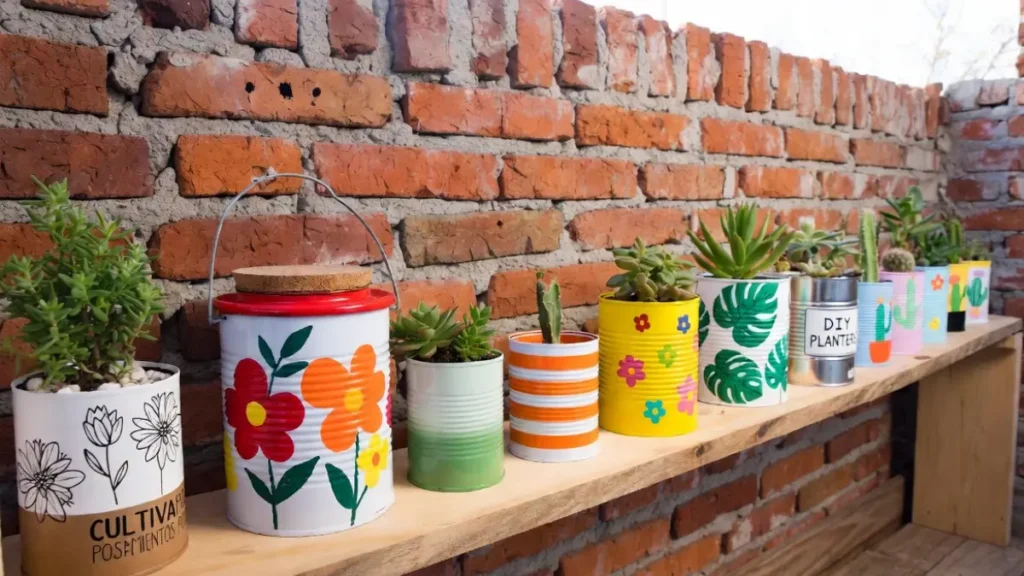 Varanda rústica aconchegante com parede de tijolos e diversos vasos reciclados de latas decorados