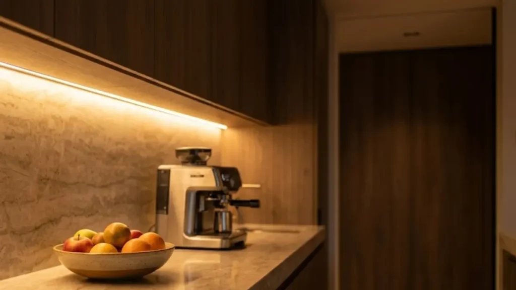 Detalhe de fita LED branco quente iluminando a bancada de quartzo e gerando efeito flutuante sob armários de cozinha.