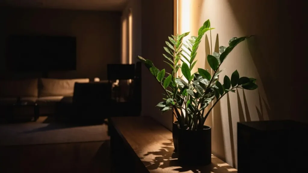 Planta iluminada por um feixe de luz focal quente em uma sala de estar escura.