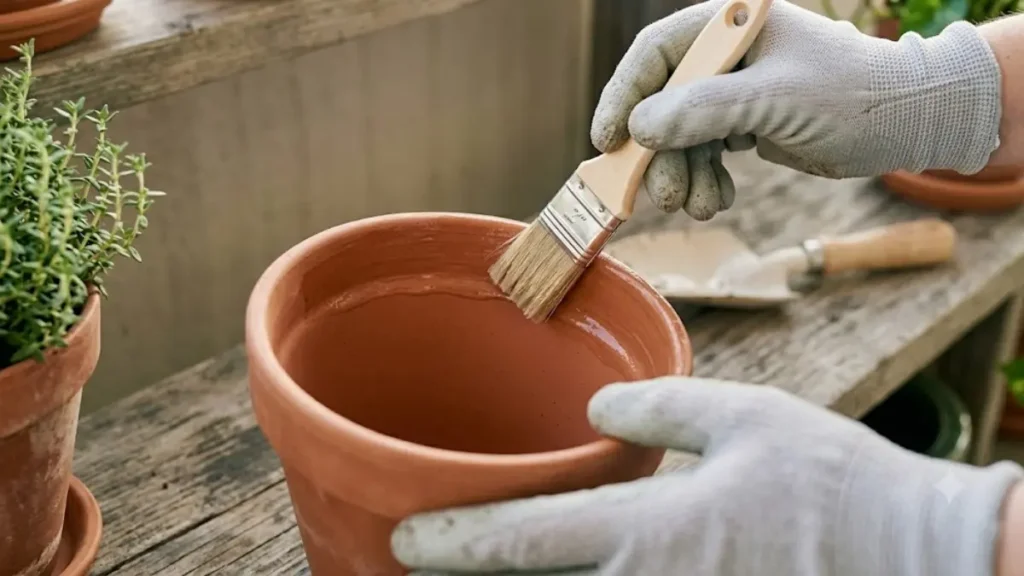 Pessoa usando pincel para aplicar resina impermeabilizante na parte interna de um vaso de barro seco.