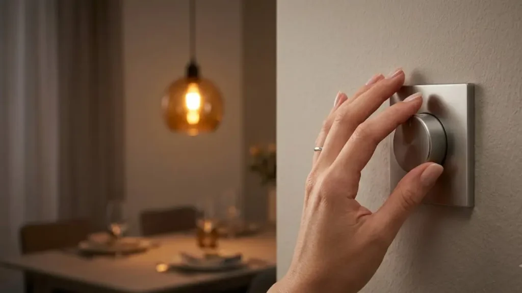 Mão ajustando um interruptor dimmer metálico na parede para controlar a intensidade da iluminação de uma sala de jantar.