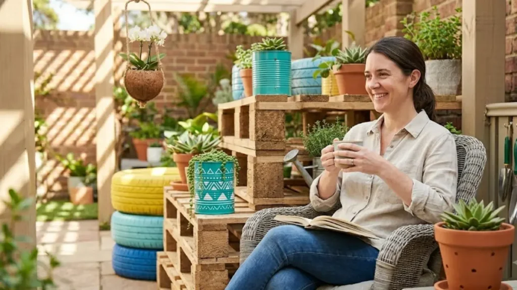 Mulher sorrindo sentada em uma cadeira de jardim ao lado de prateleiras de paletes repletas de vasos reciclados e plantas saudáveis.