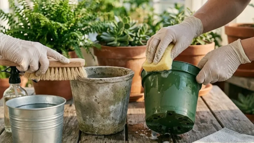 Duas pessoas limpando vasos de plantas, uma esfregando vaso de cimento com escova e outra lavando vaso de plástico verde com esponja.