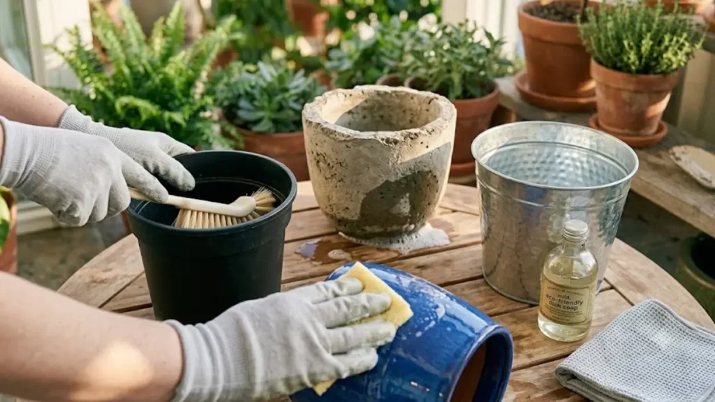 Mãos com luvas lavando vaso de cerâmica esmaltada azul com esponja ao lado de um vaso de concreto e balde de metal.
