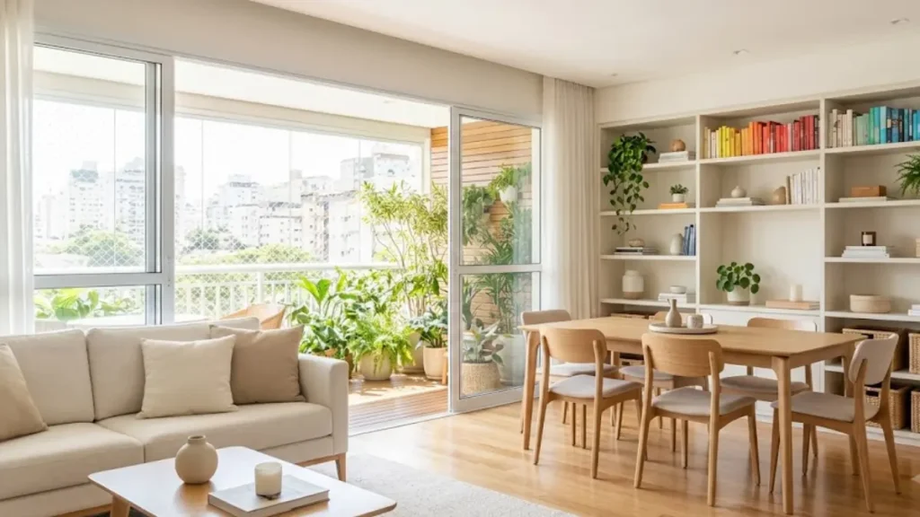 Sala de estar limpa e iluminada aplicando métodos de organização residencial.