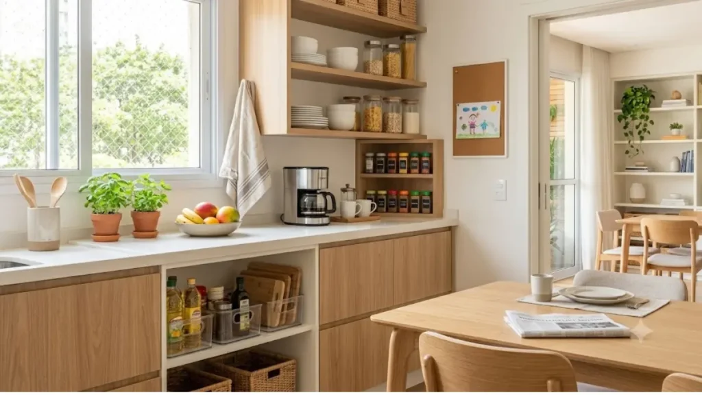 Cozinha organizada com potes de vidro etiquetados e bancada limpa.