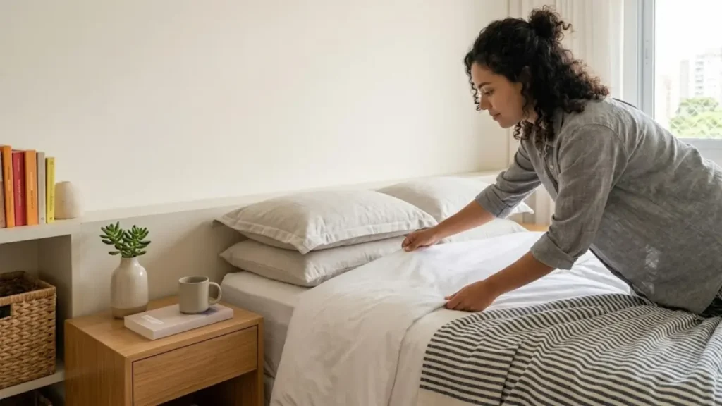 Detalhe de mãos arrumando cama com lençóis limpos e manta de linho.