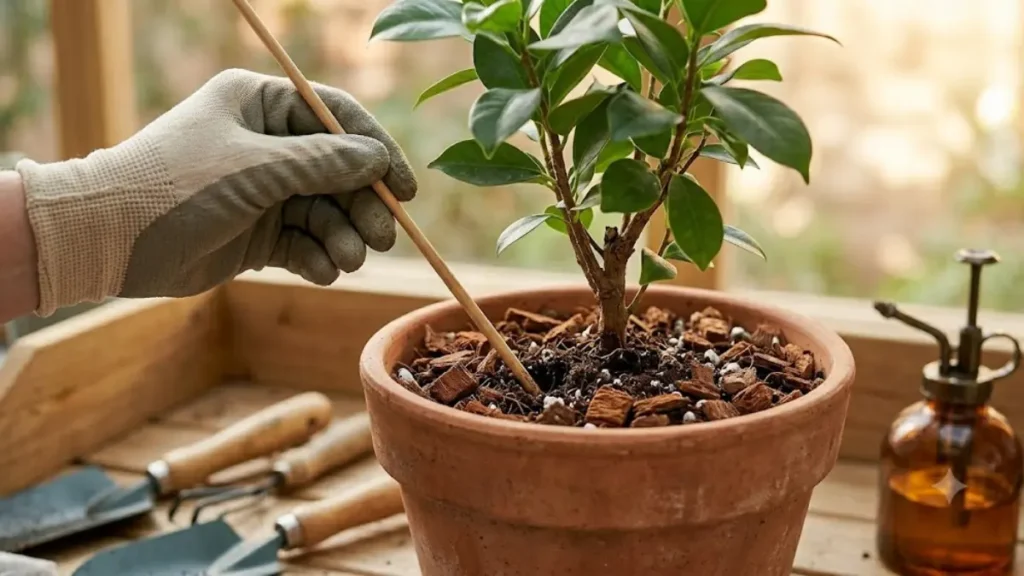 Pessoa testando a umidade de vaso de planta com palito de madeira sobre substrato com casca de pinus.