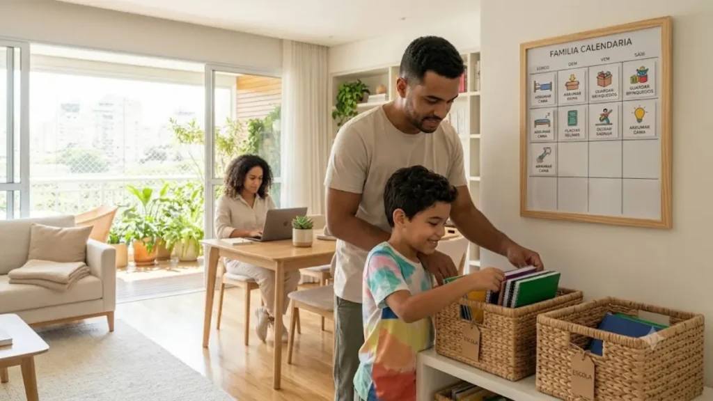 Pai e filho organizando materiais escolares em cestos de vime na sala.
