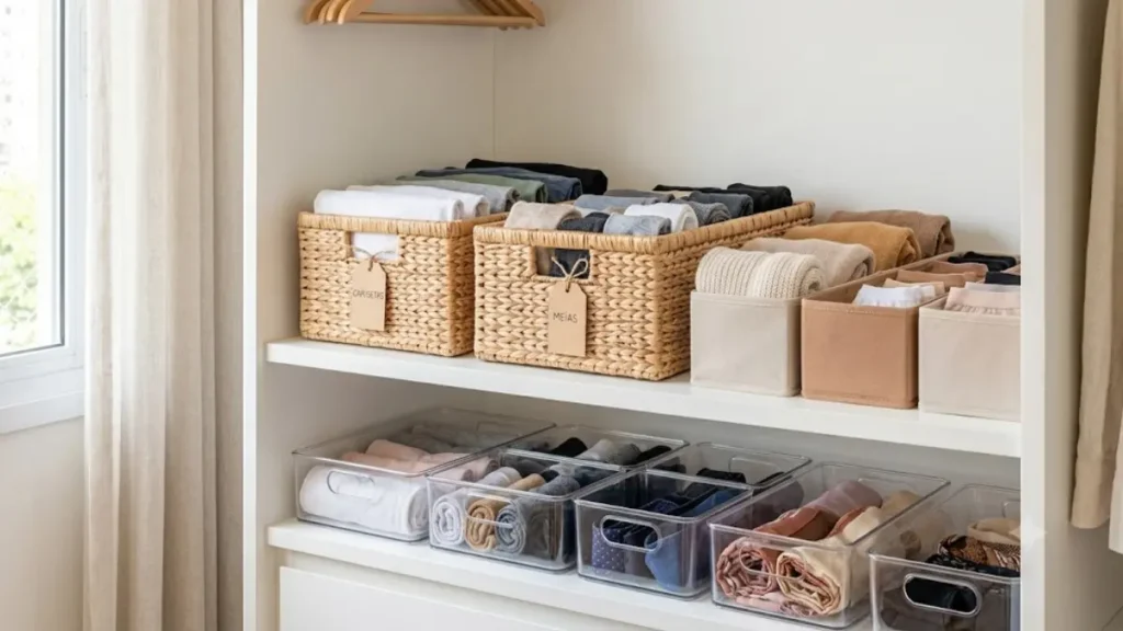 Detalhe de armário organizado com cestos de vime e colmeias transparentes.