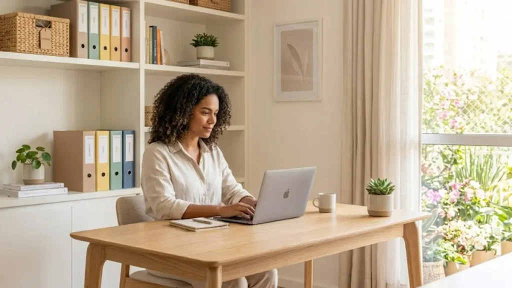 Home office organizado e minimalista com luz natural para aumentar a produtividade.