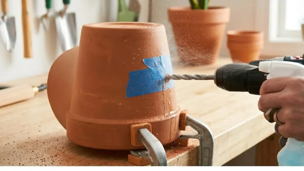 Close-up de furadeira elétrica perfurando o fundo de um vaso de terracota protegido por fita crepe azul, enquanto uma pessoa borrifa água para resfriamento.