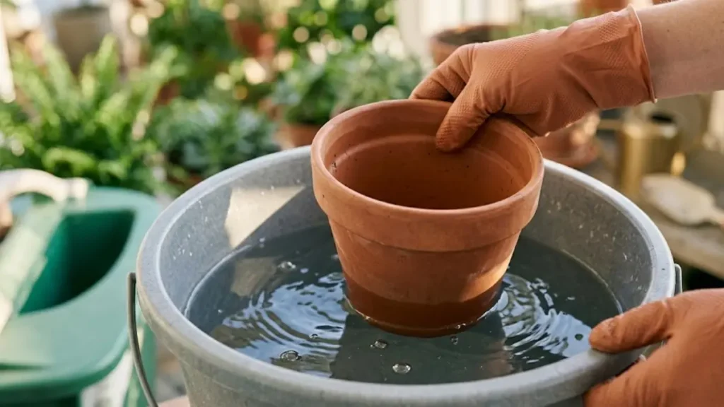 Mãos com luvas de jardinagem mergulhando um vaso de cerâmica terracota vazio dentro de um balde com água e vinagre.