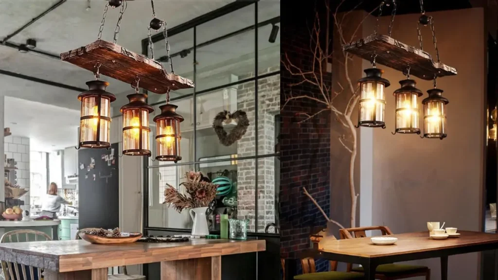 Trio de pendentes pretos de metal e vidro com lâmpadas de filamento LED vintage acesos sobre mesa de jantar de madeira.