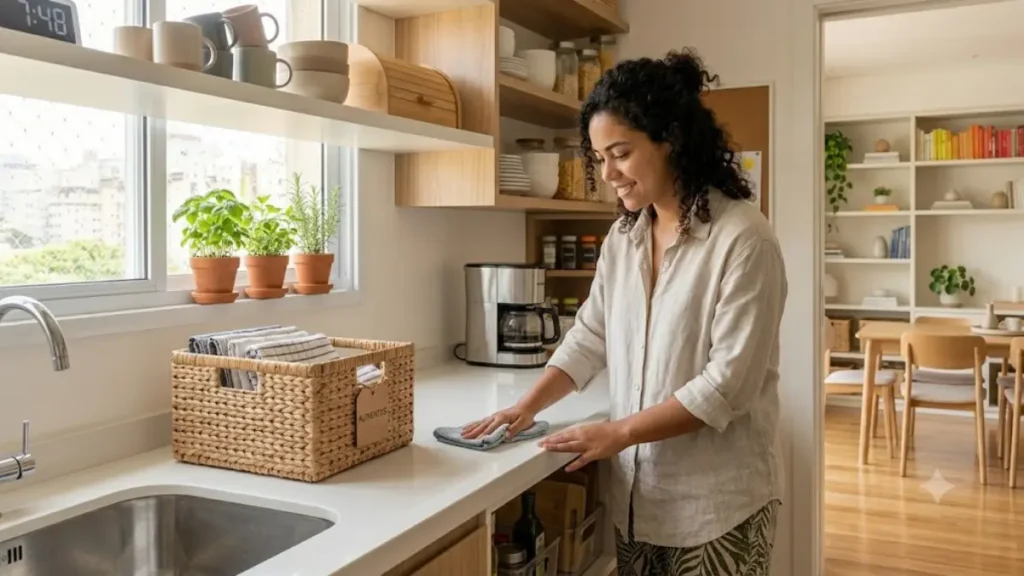 Mulher limpando bancada de cozinha moderna com pano de microfibra e luz natural.
