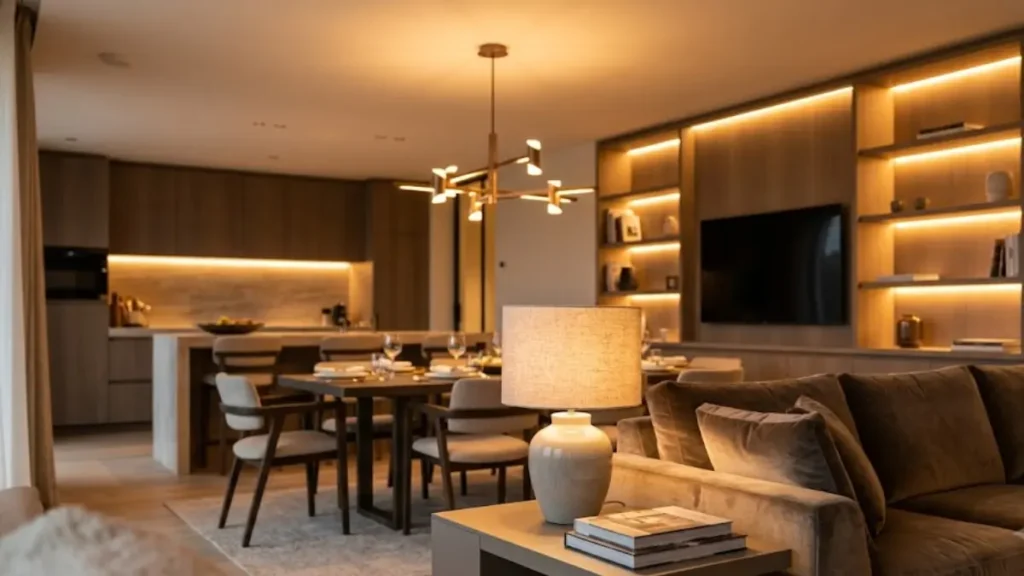 Sala de estar de luxo integrada com sala de jantar, iluminada por abajur, fita LED na estante e lustre pendente moderno.