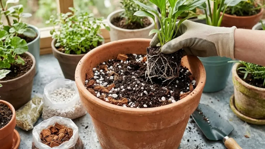 Mão com luva plantando muda em vaso de terracota com substrato aerado rico em perlita branca.