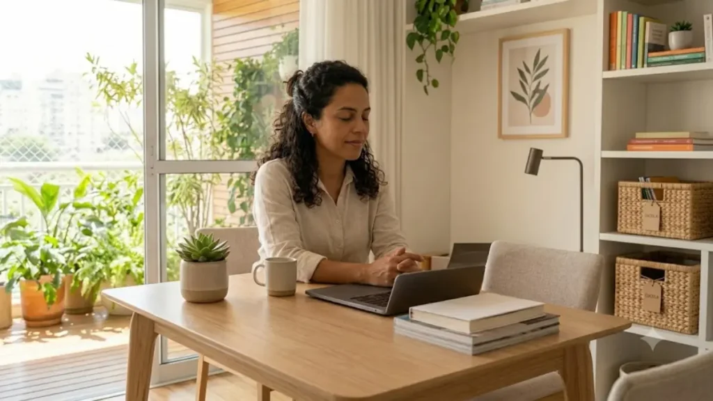Mulher sentada em frente ao notebook em uma mesa de madeira limpa e organizada.
