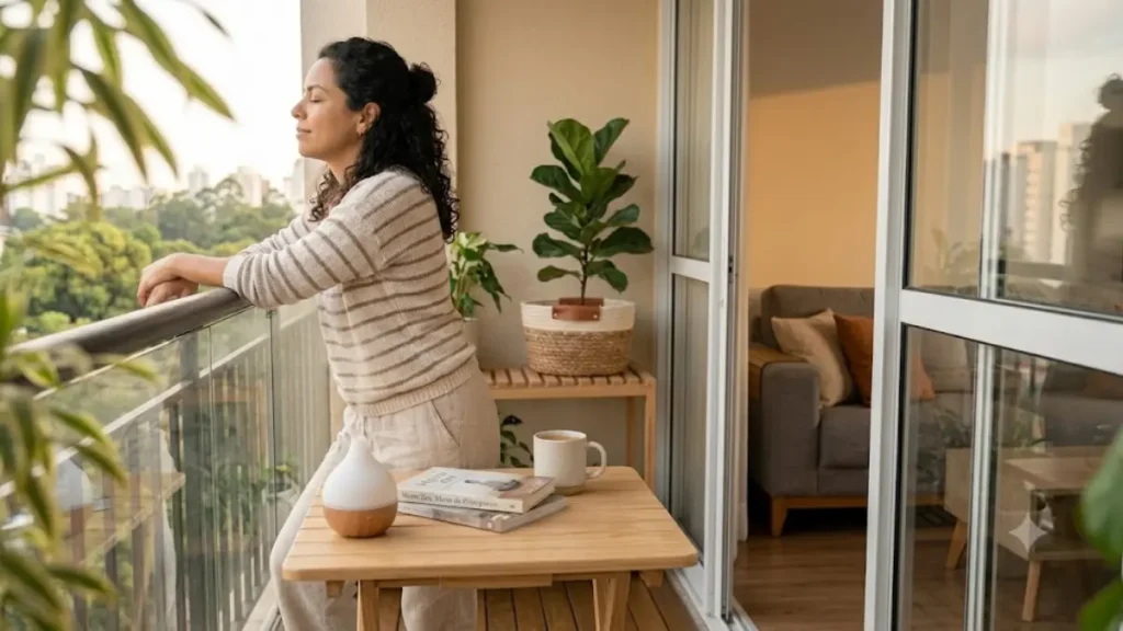 Mulher relaxando na varanda de apartamento com plantas e difusor de aromas.