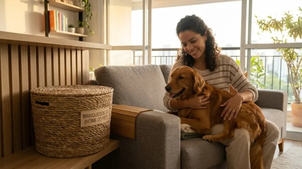 Mulher brasileira sorrindo no sofá com seu cachorro ao lado de um cesto de fibra natural decorativo com tampa na sala de estar.