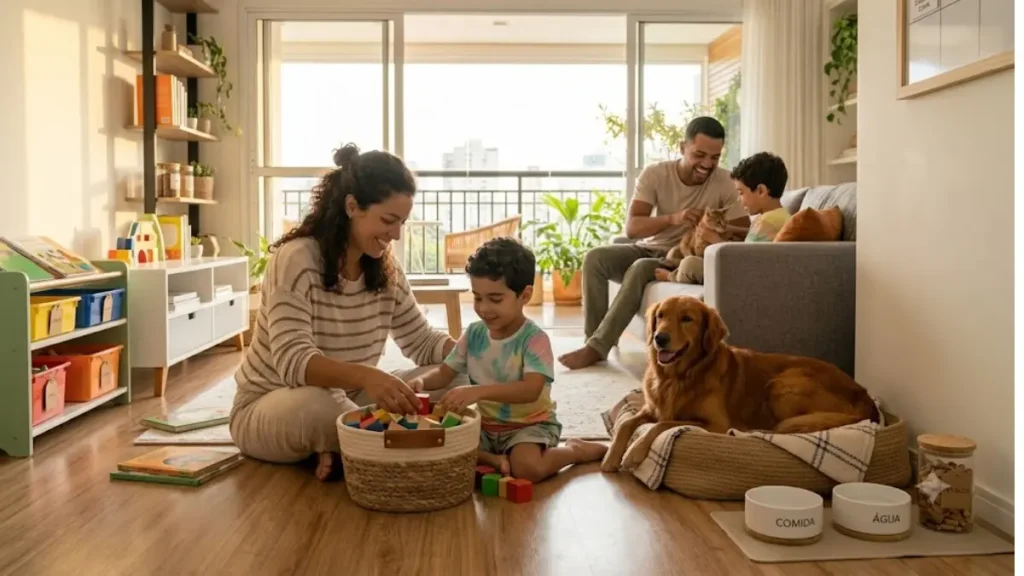 Família brasileira com mãe, filho e cachorro sorrindo em uma sala de estar organizada e calma.