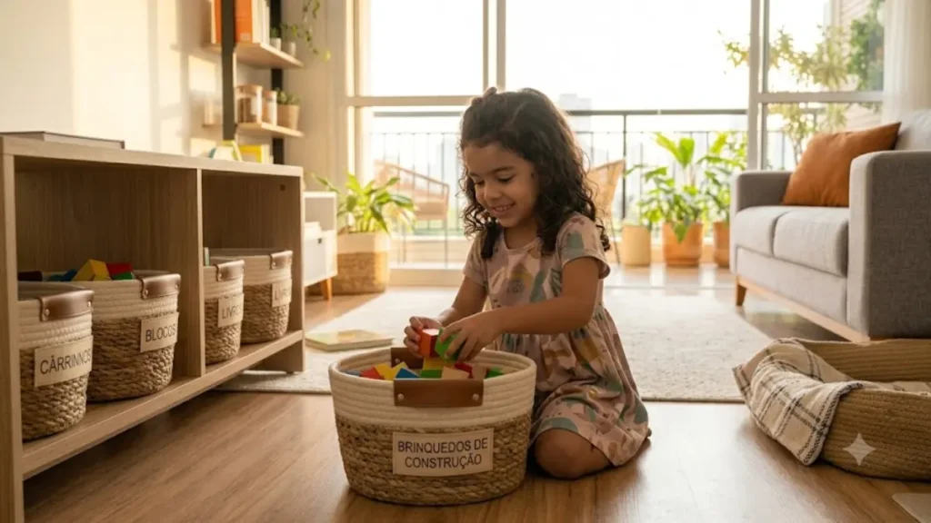 Criança brasileira (filha) sorrindo enquanto guarda brinquedos de construção em um cesto de fibra natural com etiqueta visual.