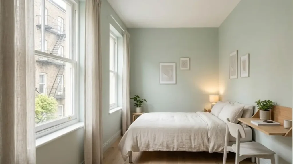 pintura para ambientes pequenos em verde salvia em quarto compacto