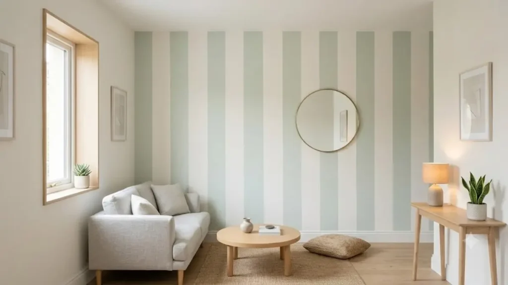 pintura para ambientes pequenos com listras verticais em verde e off-white