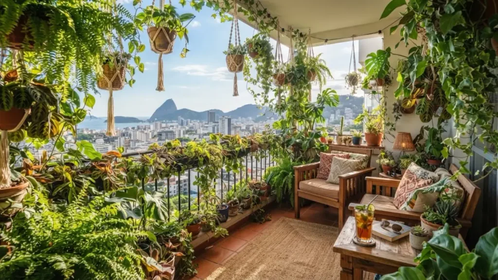 Vista de cima de uma aconchegante varanda ensolarada no Brasil, repleta de plantas pendentes e móveis de madeira, com uma xícara de chá gelado na mesa e o horizonte de uma cidade ao fundo.