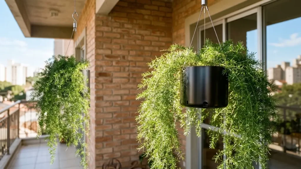 Planta Aspargo-Alfinete verde e volumosa caindo em cascata de um vaso suspenso moderno em uma varanda com parede de tijolos à vista.