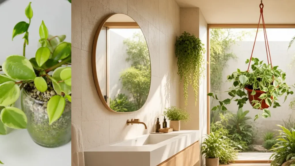 Banheiro brasileiro moderno com design biofílico, planta pendente variegada suspensa no centro, parede viva de plantas à direita, vista para jardim de inverno através de parede de vidro, pia branca com torneira dourada e espelho redondo.