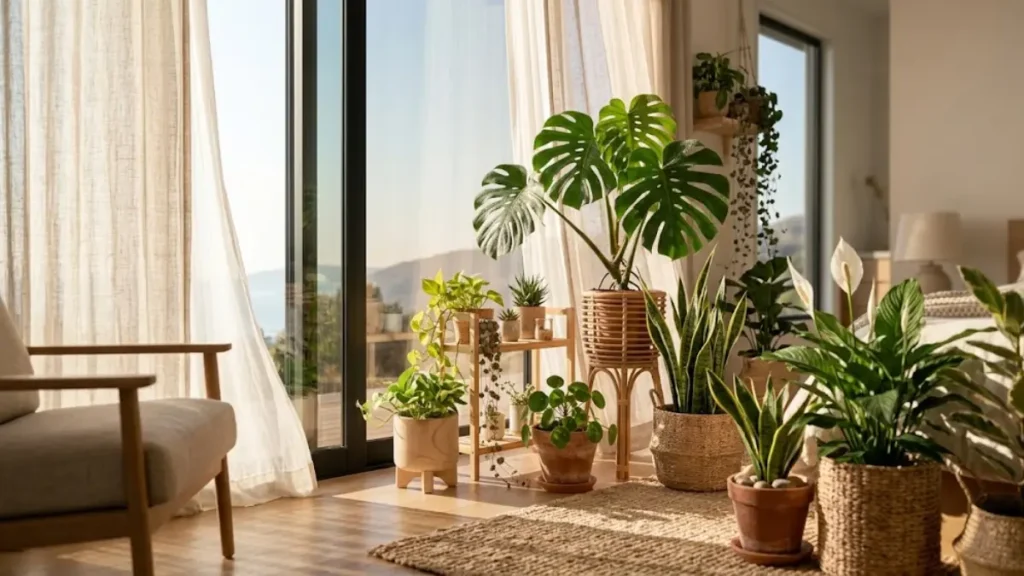 Cantinho verde no quarto com Monstera, Espada-de-São-Jorge e Copo-de-Leite em vasos de terracota e palha.