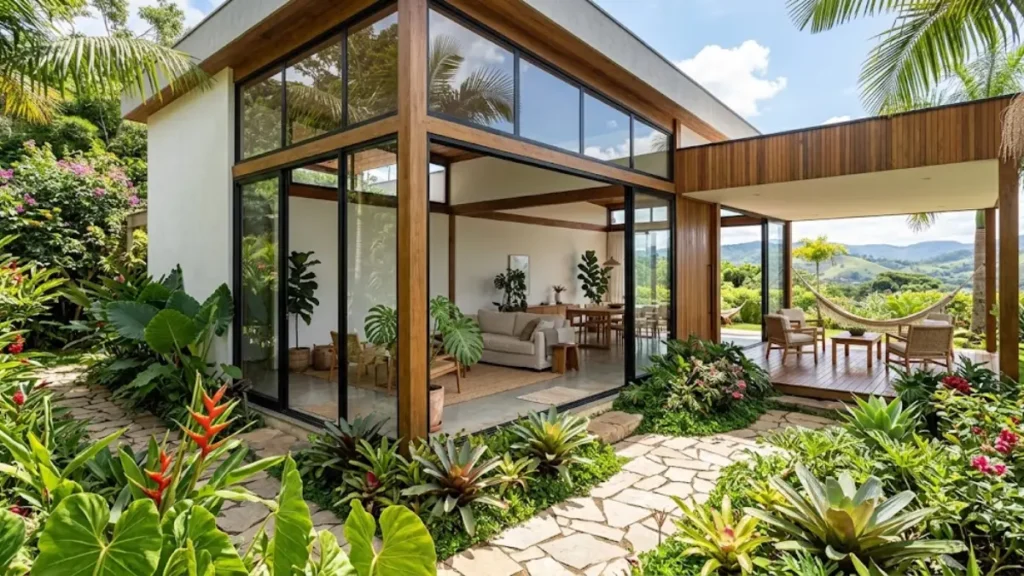 Fachada de casa térrea moderna e simples com amplas paredes de vidro, estrutura de madeira, varanda com rede e um exuberante jardim tropical brasileiro ao redor.