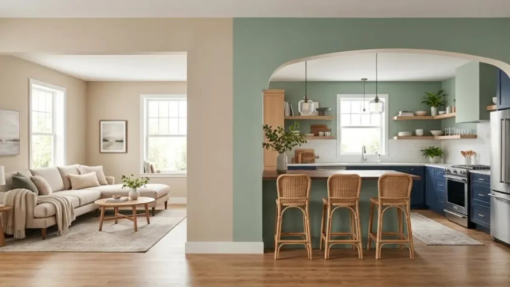 Cozinha e sala de jantar modernas integradas com parede de destaque terracota e ilha verde.