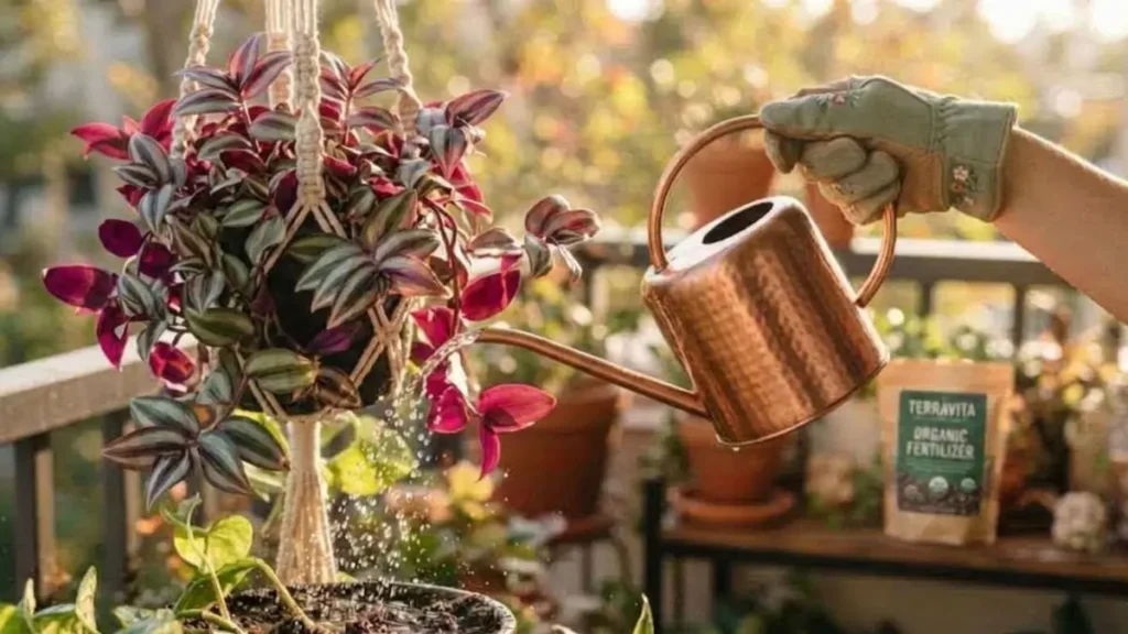 Close estético de mãos com luvas de jardinagem regando uma planta suspensa com um regador de cobre moderno, sob a luz suave do sol.