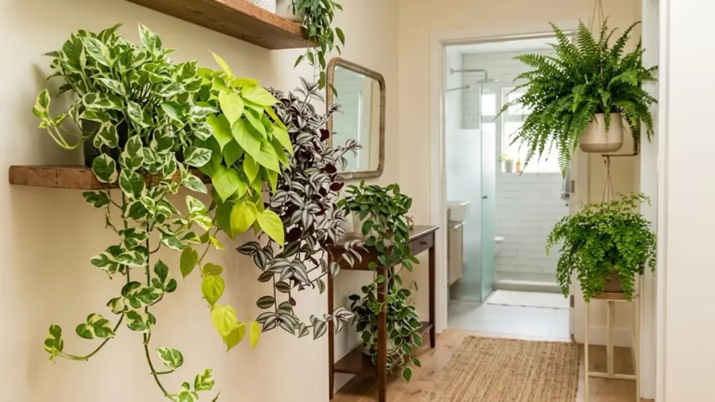 Plantas pendentes de sombra como Jiboia N'Joy, Philodendron Neon e Samambaia organizadas em prateleiras e suportes em um ambiente integrado de hall de entrada e banheiro.