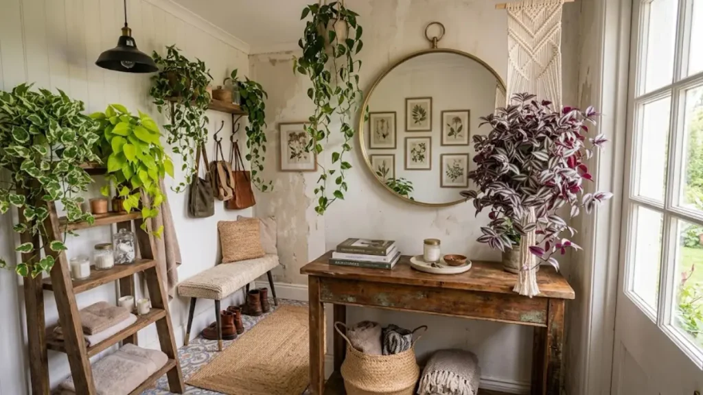 Canto estilo Pinterest com banheira vintage, escada de madeira organizadora e plantas pendentes de sombra.