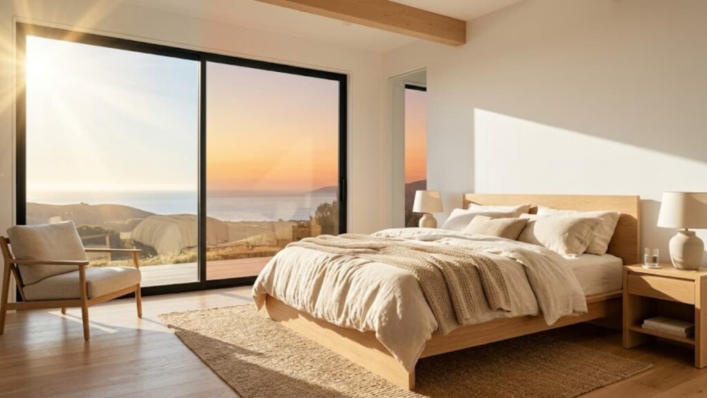 Quarto aconchegante com iluminação artificial quente de 2200K durante o entardecer