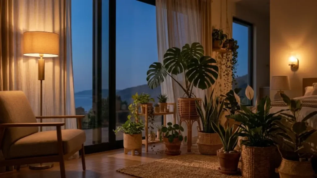 Quarto aconchegante ao anoitecer com iluminação âmbar de luminárias e vista do céu azul crepúsculo pela janela.