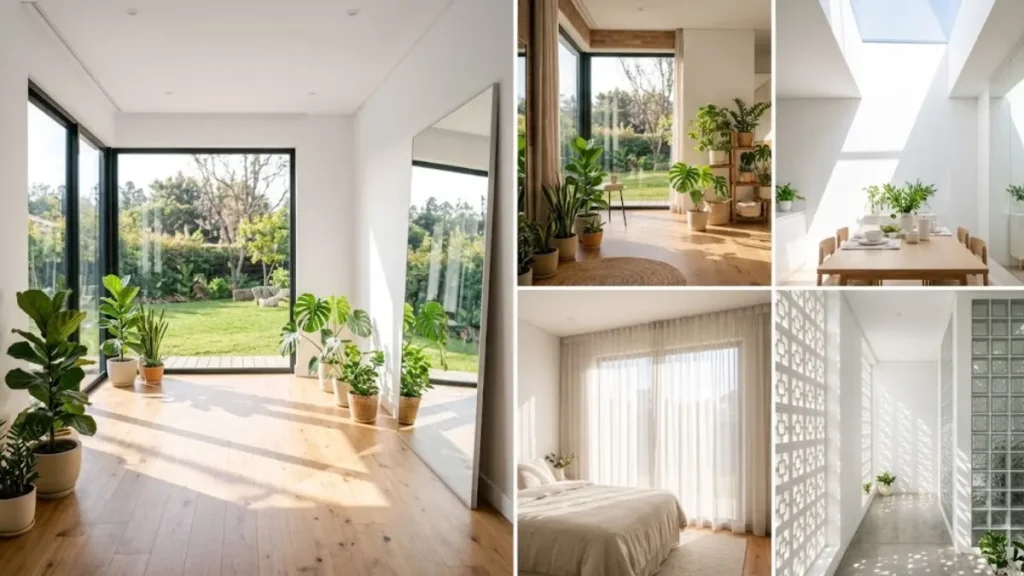 Mosaico de imagens com diferentes técnicas de iluminação natural e decoração