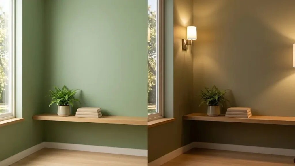 Comparação dividida ao meio mostrando a mesma parede verde sálvia sob luz natural diurna e sob luz artificial quente à noite.