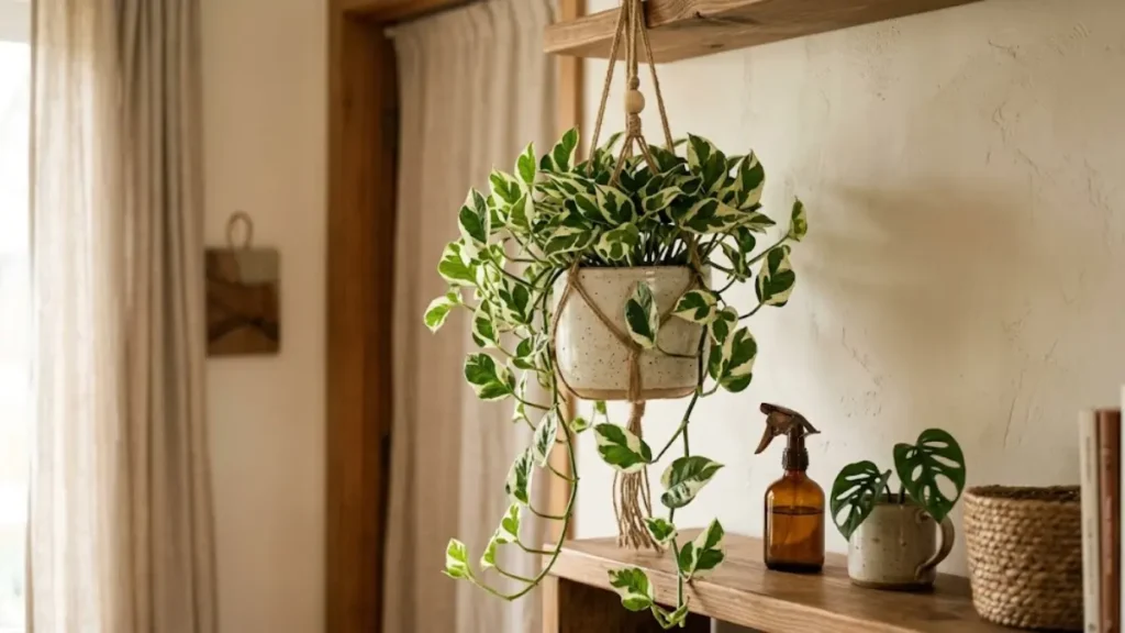 Planta pendente Jiboia N'Joy com folhas verdes e brancas em vaso suspenso em ambiente interno com iluminação suave de sombra.