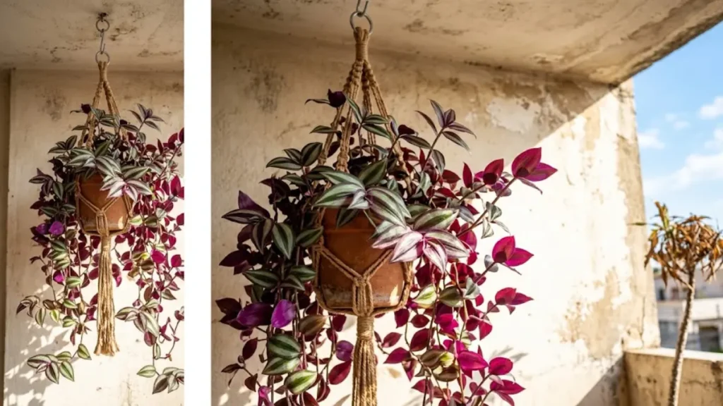 Planta Lambari-Roxo com folhas listradas de prata e verde e verso roxo iridescente, suspensa em um suporte de macramê contra uma parede ensolarada de concreto.