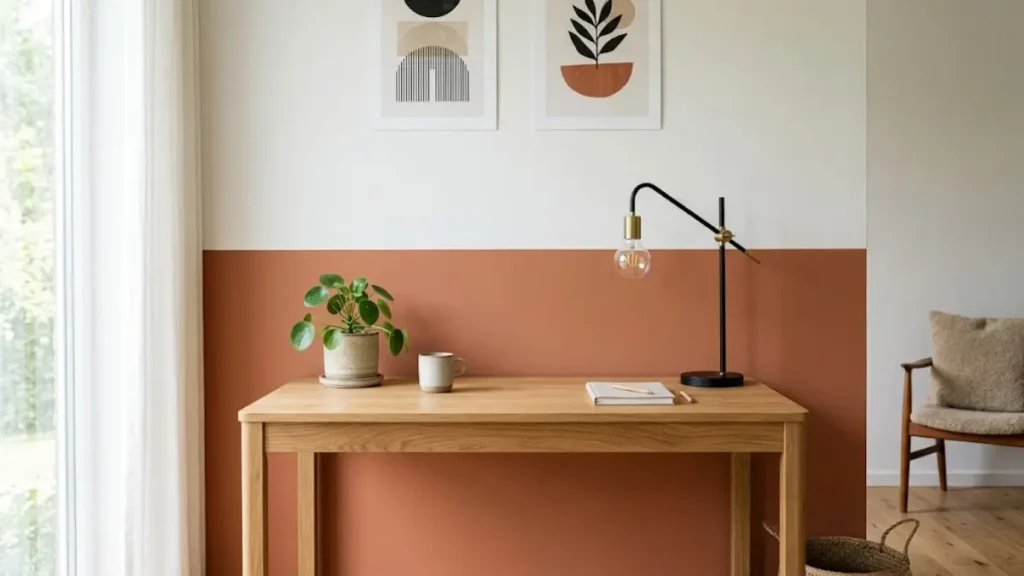 Parede dividida na horizontal com pintura terracota na parte inferior e off-white na superior.