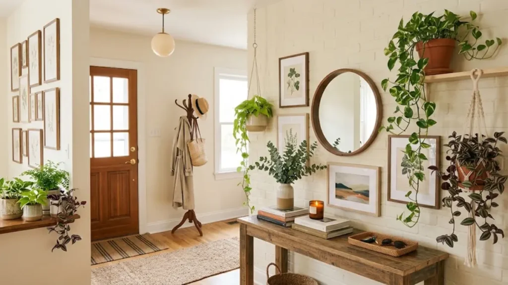 Hall de entrada em estilo Pinterest com console de madeira, espelho redondo, quadros botânicos e plantas pendentes em suportes de macramê e prateleiras.