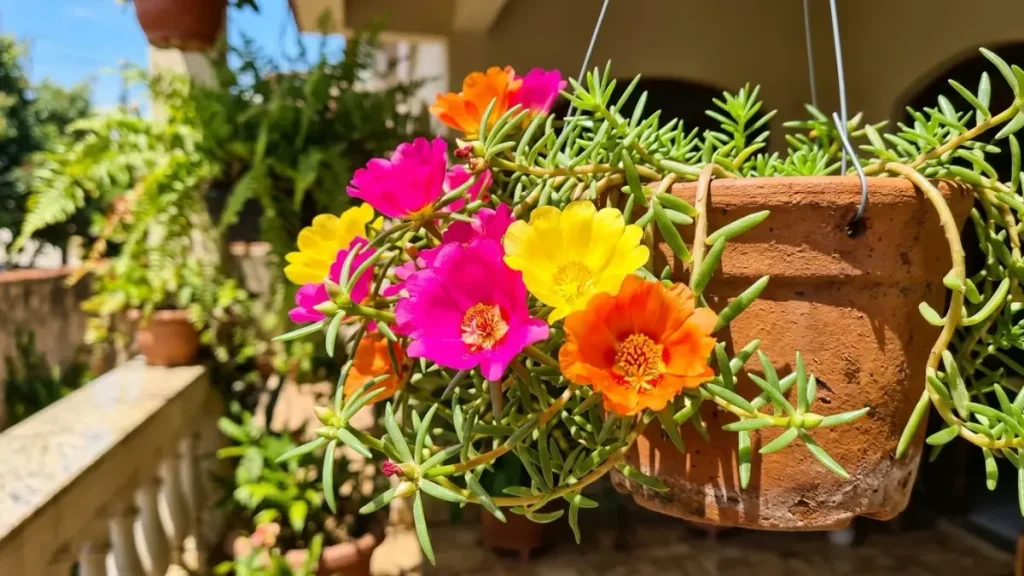 Macro de flores Onze-Horas (Portulaca grandiflora) em tons de rosa, amarelo e laranja, plantadas em um vaso de terracota suspenso na varanda ensolarada.