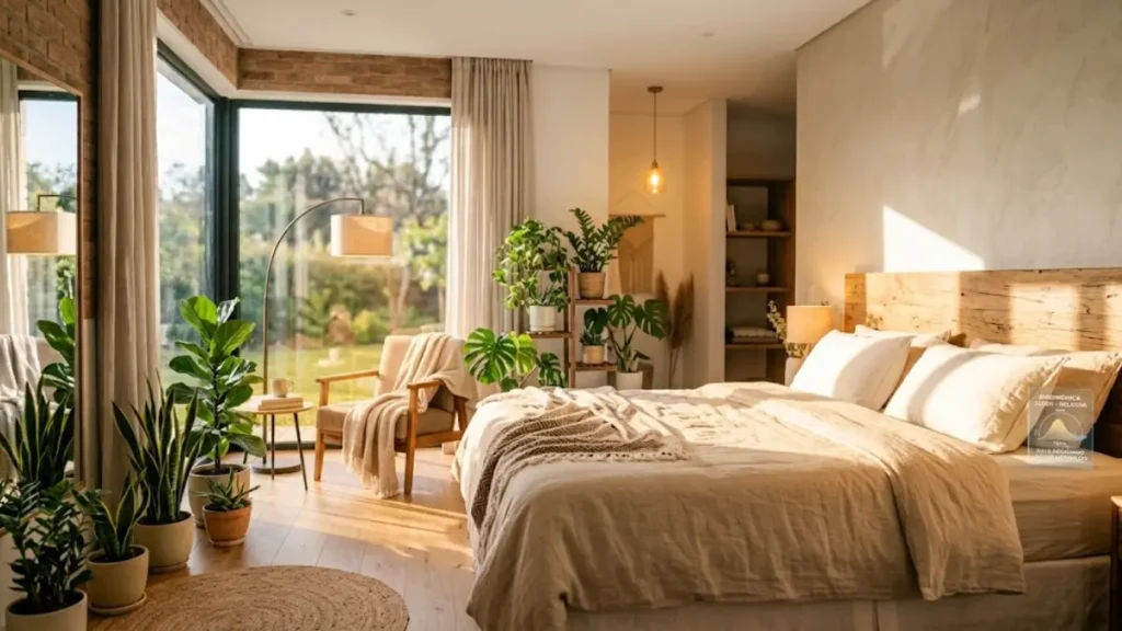 Quarto de casal com grandes janelas e plantas de interior recebendo iluminação natural