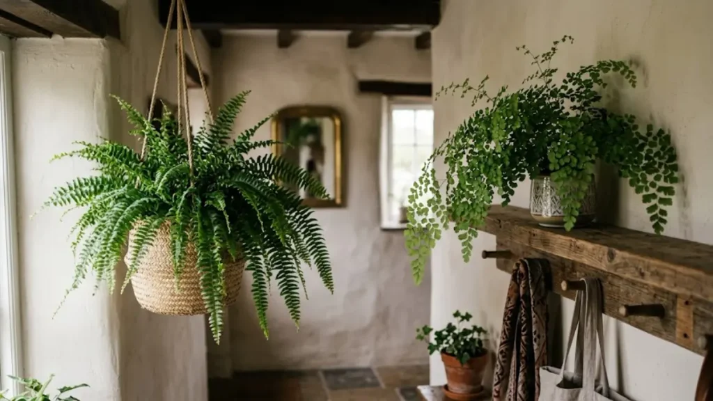 Samambaia e Avenca com folhagens verdes pendentes em ambiente de sombra e iluminação suave.