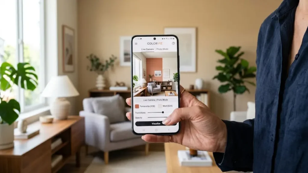 Mão a segurar um smartphone a mostrar um simulador de pintura de interiores numa sala.
